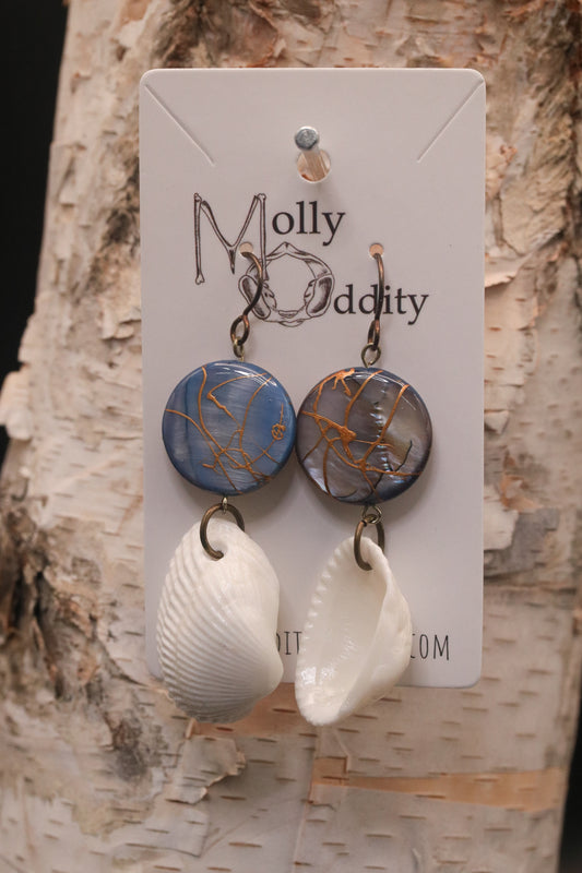 Glossy White Shell & Blue Bead Earrings