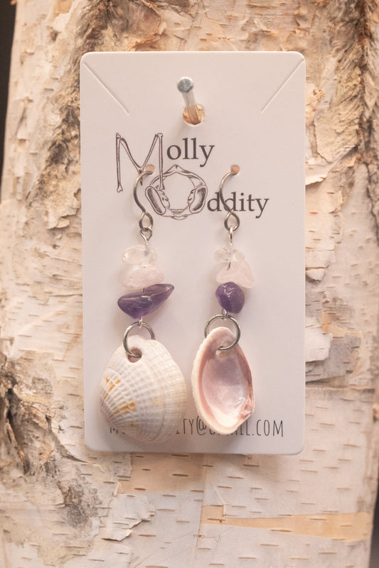 Unpolished Shell & Purple Stone Earrings